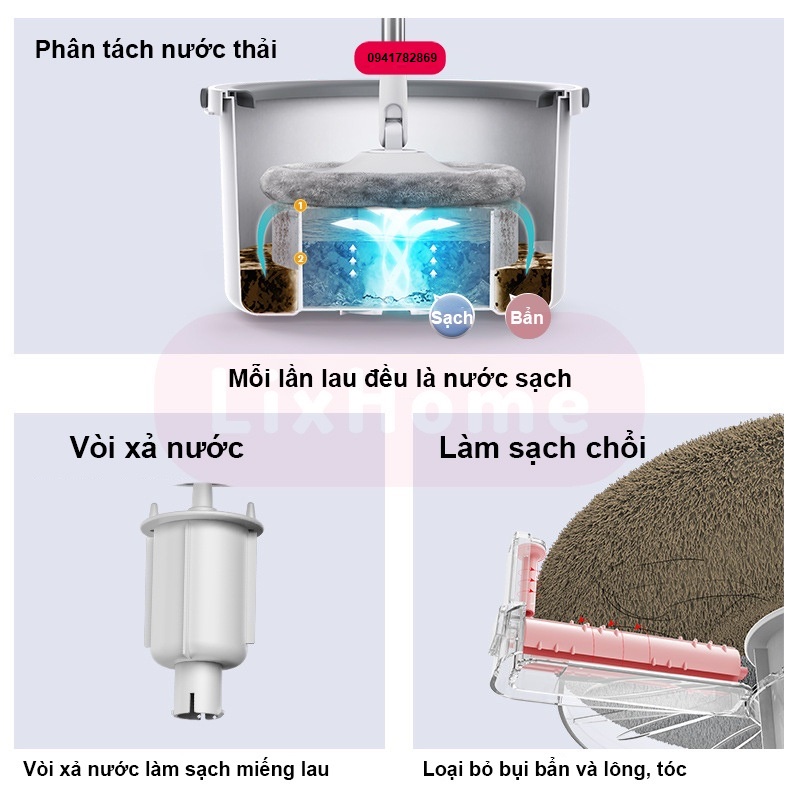 Bộ Cây Lau Nhà Tự Vắt Xoai 360 Độ Chính Hãng Cao Cấp Tặng Kèm 2 Bông Lau