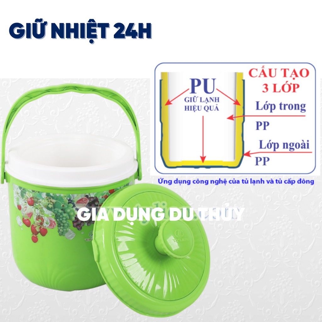 Bình đựng nước đá tròn Tý Liên có quai xách size nhỏ 1L, 3L, 5L giữ lạnh 24h nhựa chính phẩm an toàn thương hiệu Tý Liên