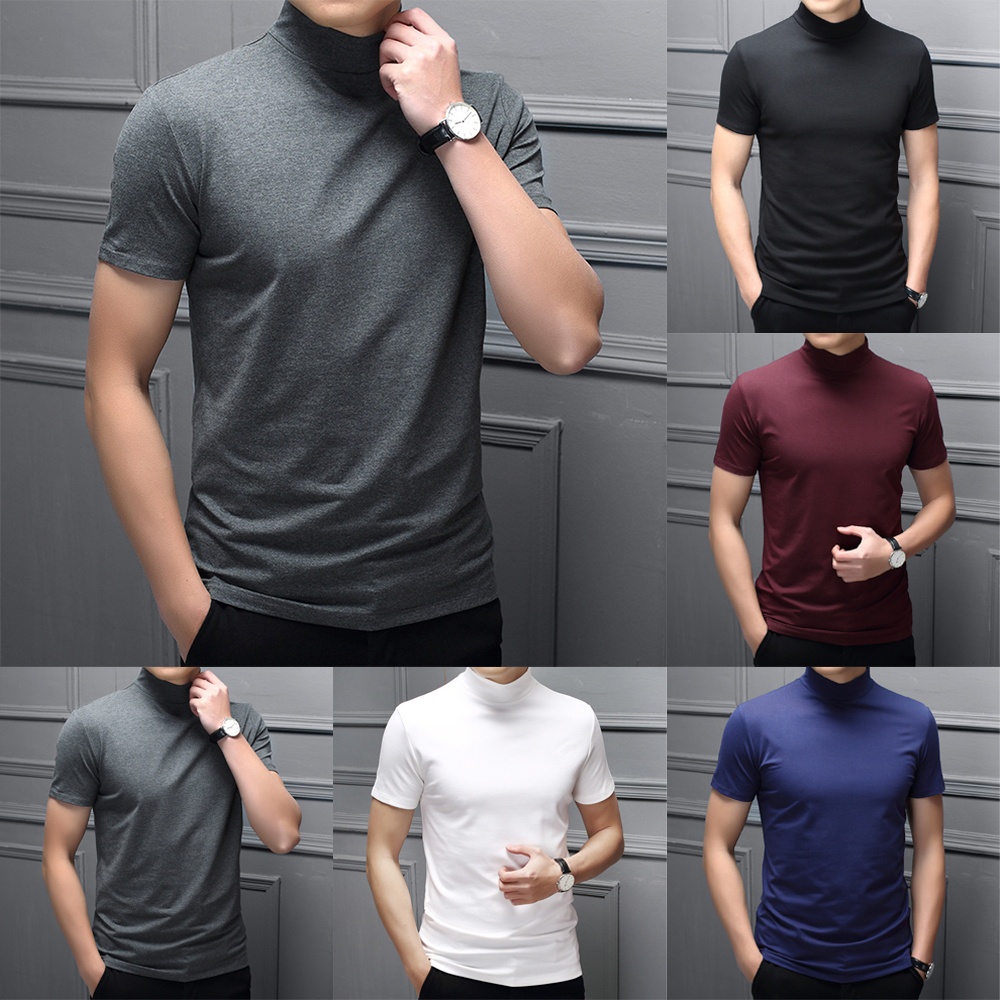 GORGEOUS~Men Mock Neck Basic Plain Blouse T-shirt Pullover Short Sleeve Top Bottoming Top