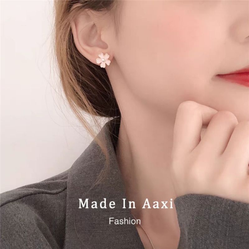 Khuyên tai, bông tai hình cánh hoa anh đào đính ngọc nữ tính phong cách Hàn Quốc