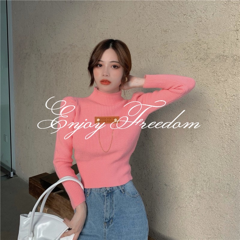Enjoy Freedom Áo Croptop Dệt Kim Cổ Lọ Ôm Dáng Phong Cách Hàn Quốc Trẻ Trung