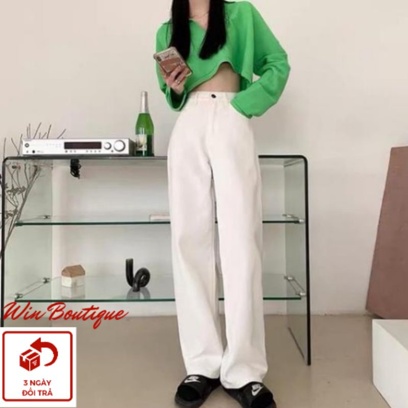Quần jeans trắng cạp cao chất liệu bò dày đẹp phom suông rộng hack dáng Hot 2022