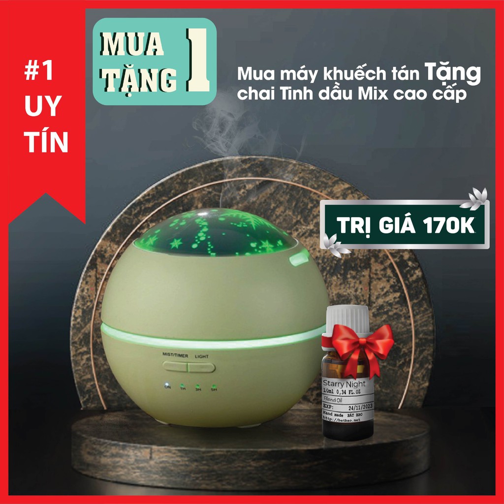 Máy khuếch tán tinh dầu phun sương siêu âm cao cấp Quả cầu nhựa 150ml, đèn led 7 màu, tự ngắt an toàn, bảo hành 3 tháng