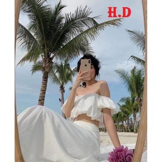 sét váy nữ, sét đàm nữ gồm hai món áo trễ vai tay bồng + chân váy trắng dài dáng vintage ulzzang freesize có lót trong