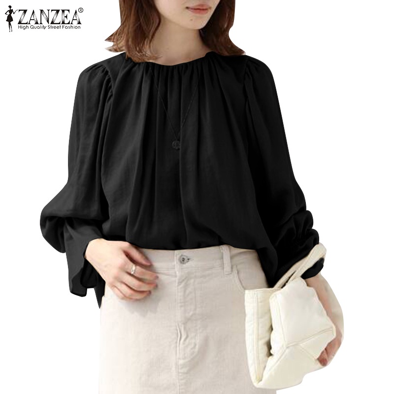 Áo ZANZEA tay dài cổ tay co giản cổ tròn màu trơn đơn giản phong cách Hàn Quốc