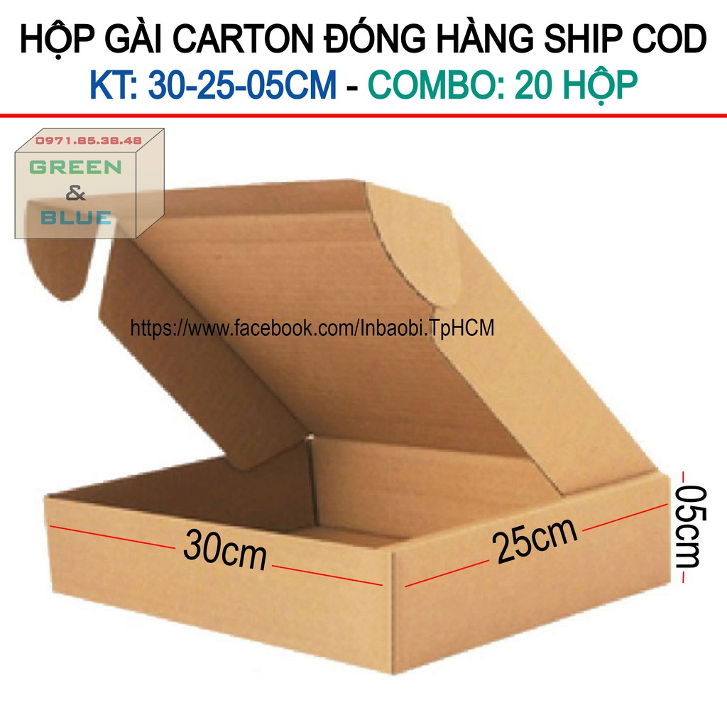 20 Hộp gài 30x25x5 cm, Hộp Carton 3 lớp đóng hàng chuẩn Ship COD (Green &amp; Blue Box, Thùng giấy - Hộp giấy giá rẻ)