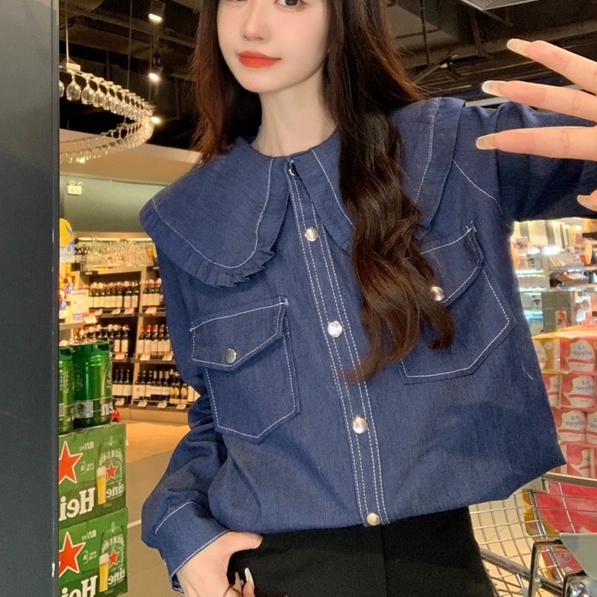 Áo sơ mi ZHELIHANGFEI vải denim tay dài dáng rộng theo phong cách retro dễ phối đồ