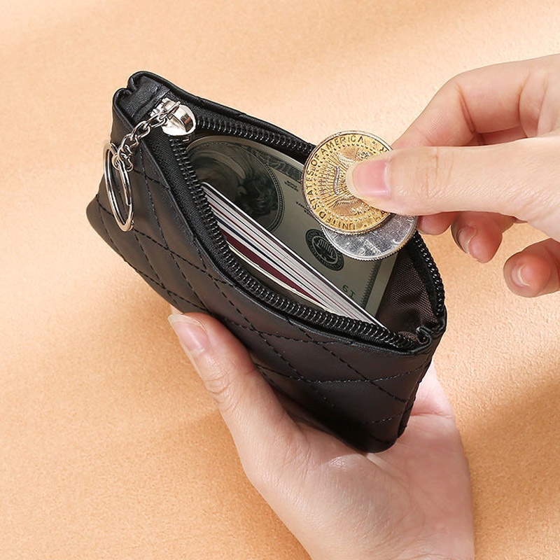 Ví Tiền Xu / Da PU Màu Trơn Có Khóa Kéo Họa Tiết Kim Cương Cho Nữ