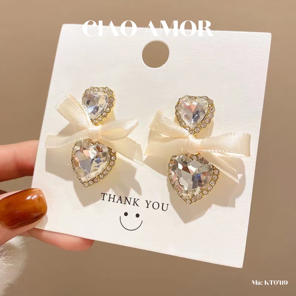 KT0419-Khuyên tai nữ, Bông tai nữ nơ dài trái tim đá to tiểu thư dự tiệc Trang sức Ciao Amor