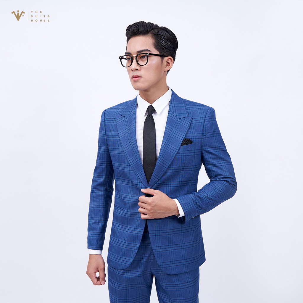 Bộ vest nam xanh kẻ ô, suits sartorial, 1 khuy 2 túi, form ôm The Suits House