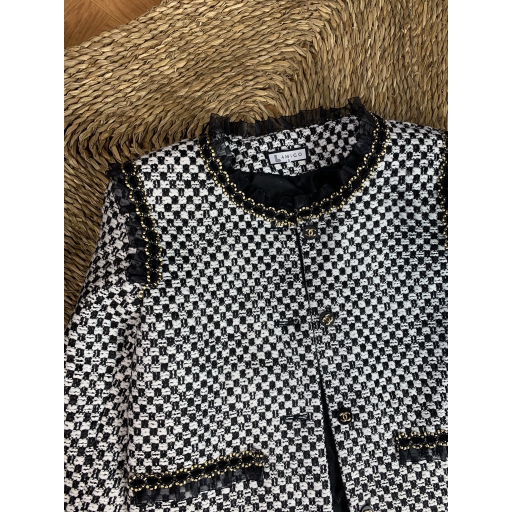 Áo dạ tweed đen trắng viền bèo - áo dạ tweed dáng ngắn 128