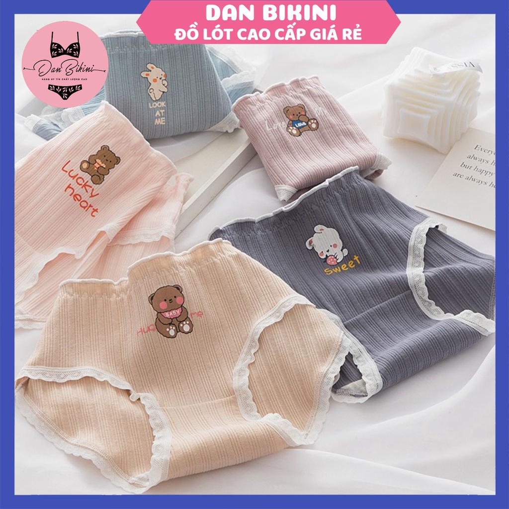 Quần Lót Nữ Cotton gân tăm viền ren thêu gấu dễ thương thoáng mát MÃ 2899