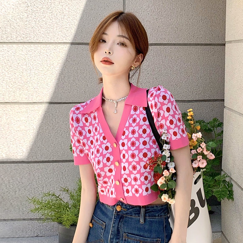 Áo Dệt Kim Tay Ngắn Màu Hồng Dễ Thương Xinh Xắn Cho Nữ  tao bao