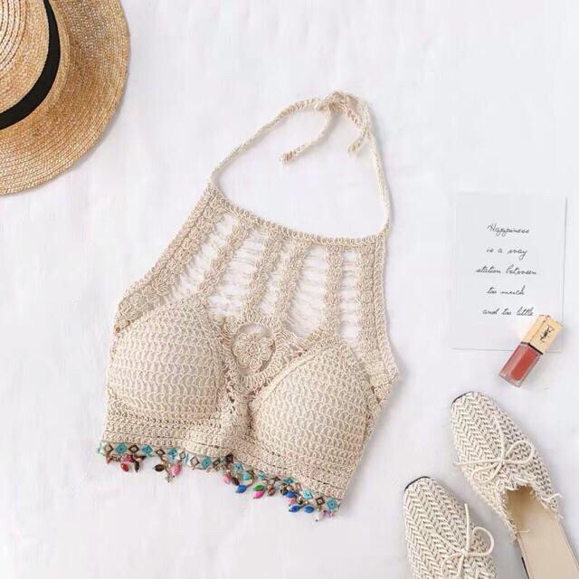 Áo bra đan móc kiểu tua rua ngọc màu sắc (có mút ngực)