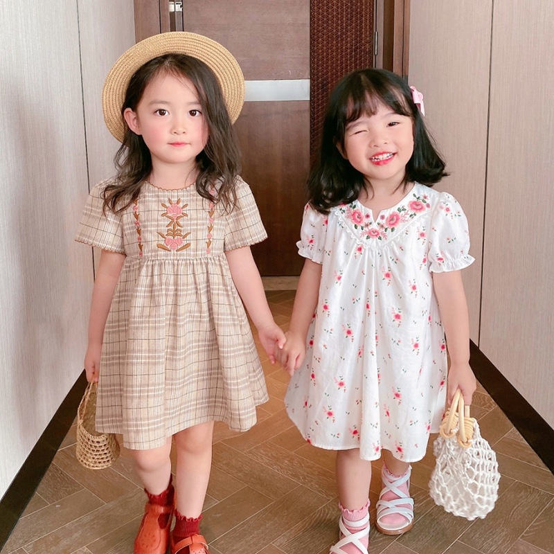 Đầm Cotton Tay Ngắn Thêu Hoa Phong Cách Hàn Quốc Thời Trang Mùa Hè Xinh Xắn Cho Bé Gái