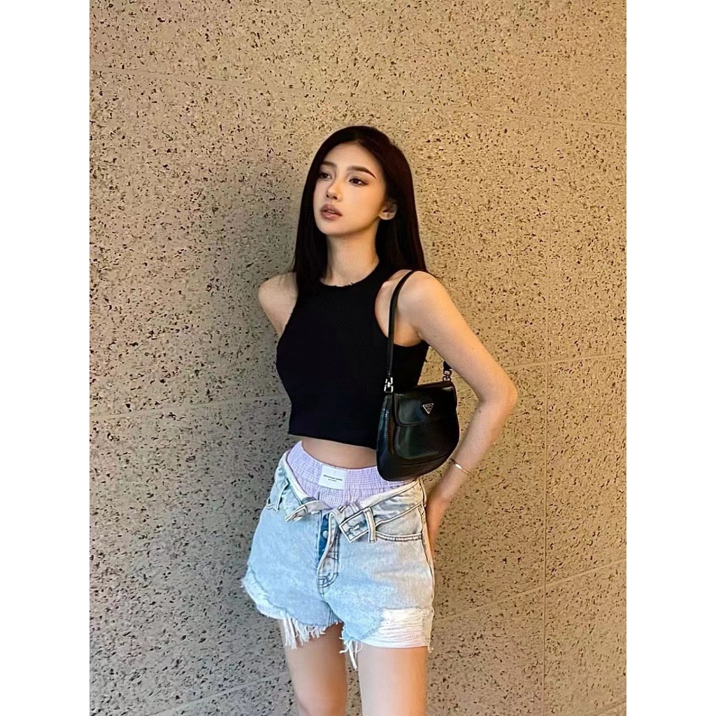 Ruffian and young style 2022 early autumn denim shorts loose hollow-out fake two-piece stitching high waist pants trendy ins2022