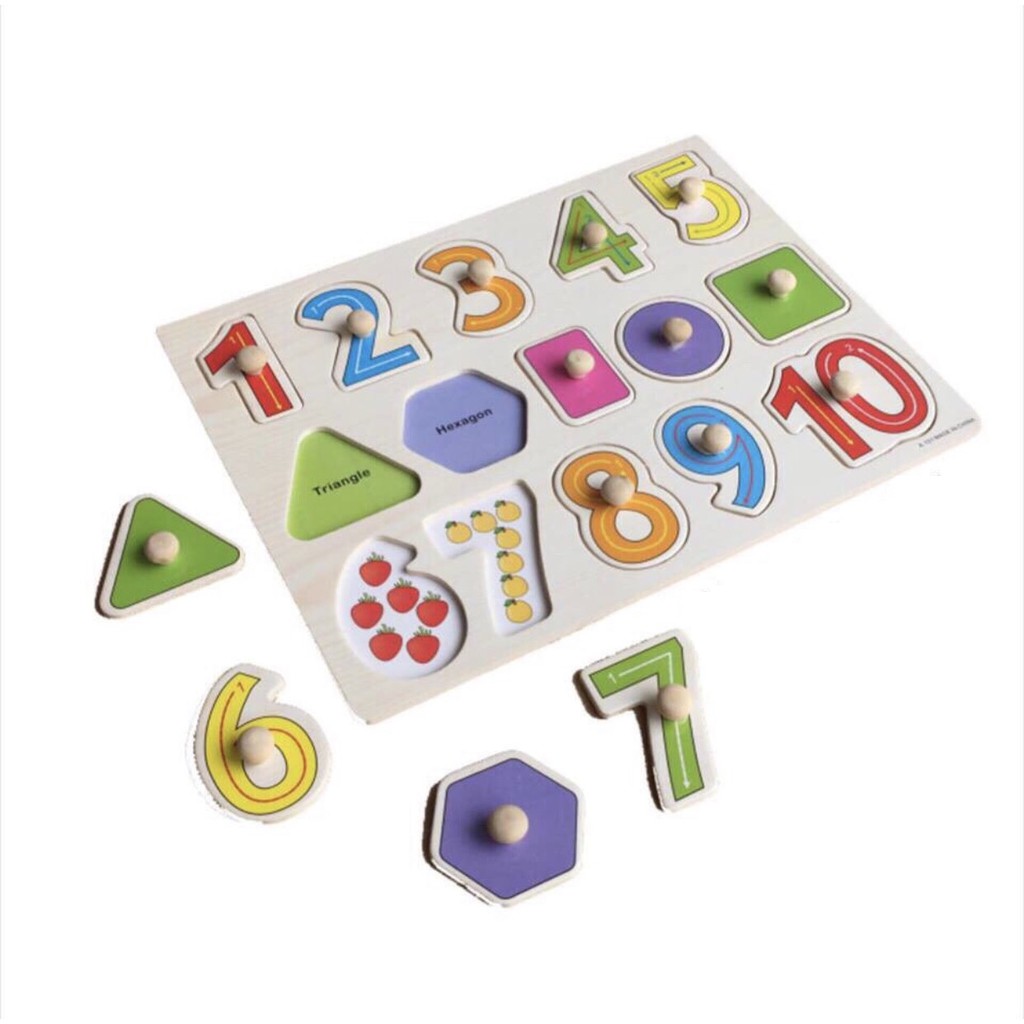 Đồ chơi gỗ bé học toán bằng Núm số từ 1 đến 10 kèm hình khối cho bé