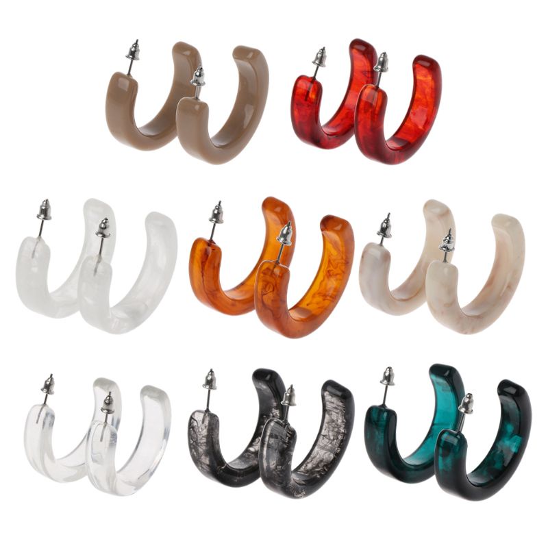 Bông tai hình chữ C bằng nhựa acrylic vân đá cẩm thạch cho nữ