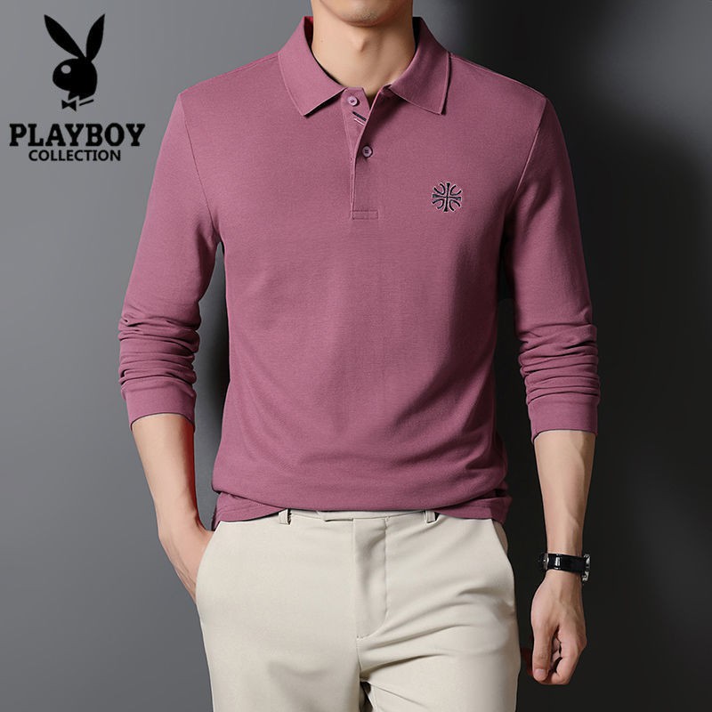 Playboy Áo polo Tay Dài Dáng Rộng Màu Trơn Thêu Họa Tiết Thời Trang Xuân Thu Cho Nam