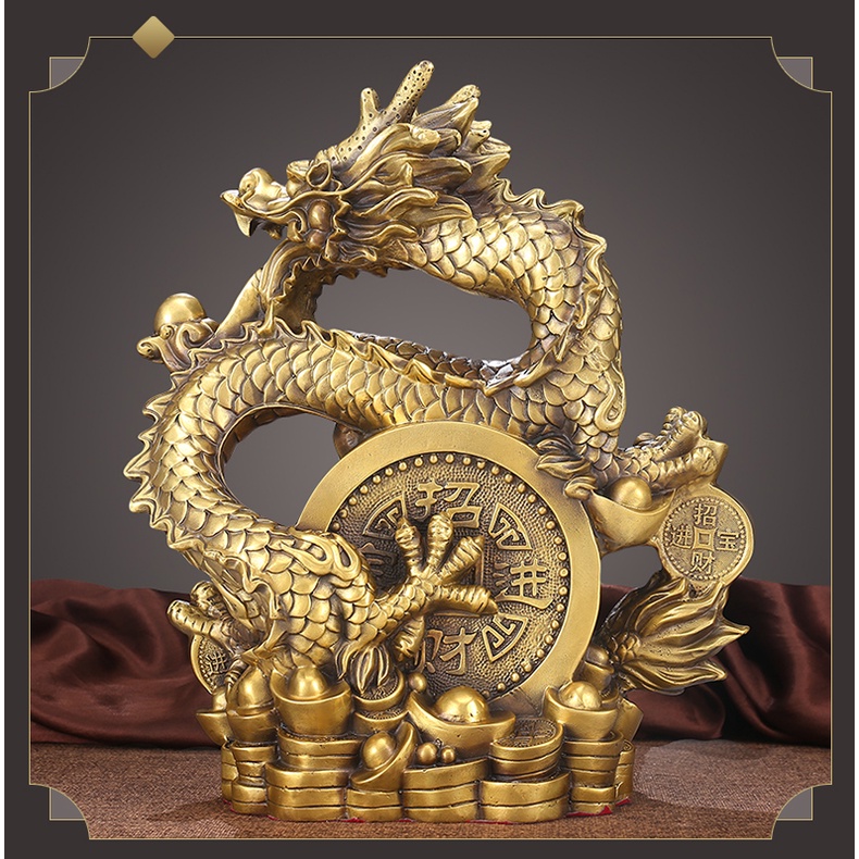 Tượng linh vật rồng cuốn đồng tiền may mắn bằng đồng thau phong thủy Hồng Thắng cỡ trung