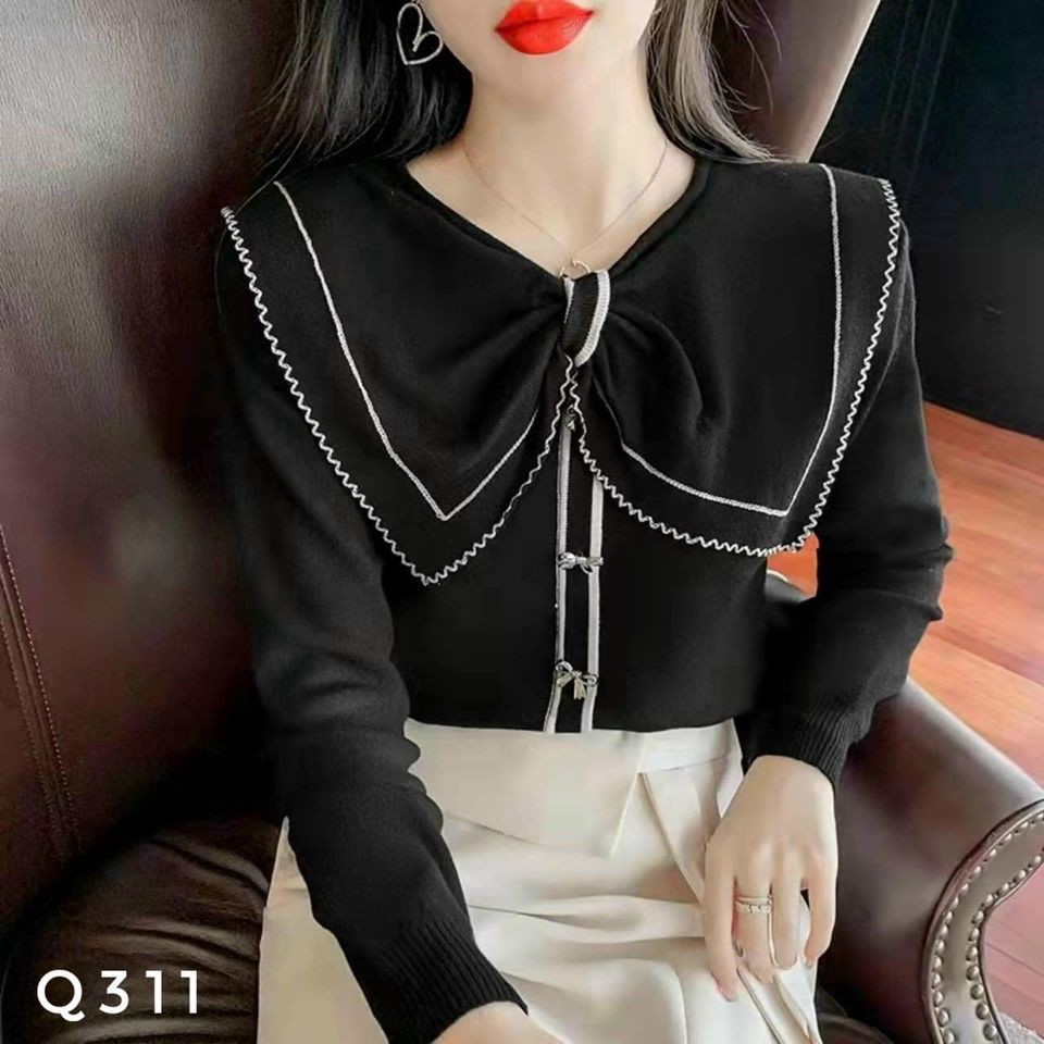 Áo len cổ nơ đá