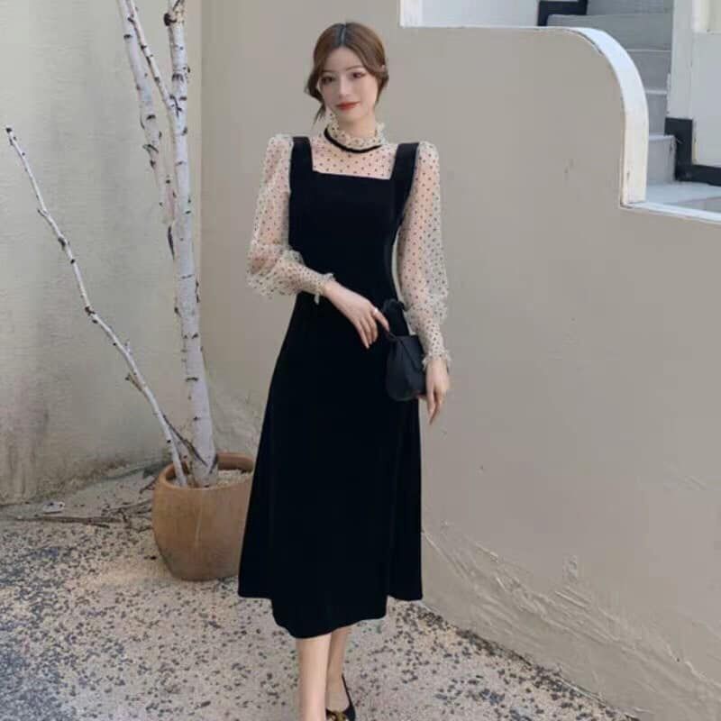 Váy nhung chấm bi tay phối ren có ảnh thật
