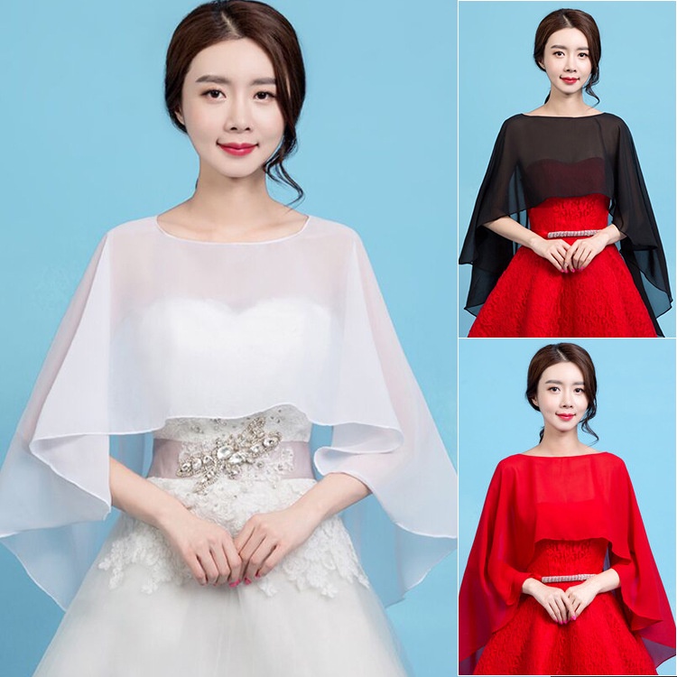 Áo Choàng Cô Dâu Vải Chiffon Dáng Dài Màu Trắng Đen Đỏ Sang Trọng
