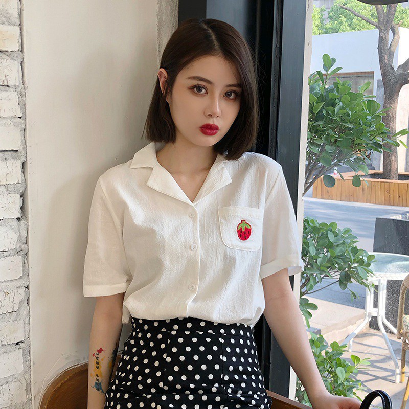 Áo sơ mi tay ngắn hoạ tiết hình trái cây thiết kế thanh lịch cho phái nữ | BigBuy360 - bigbuy360.vn