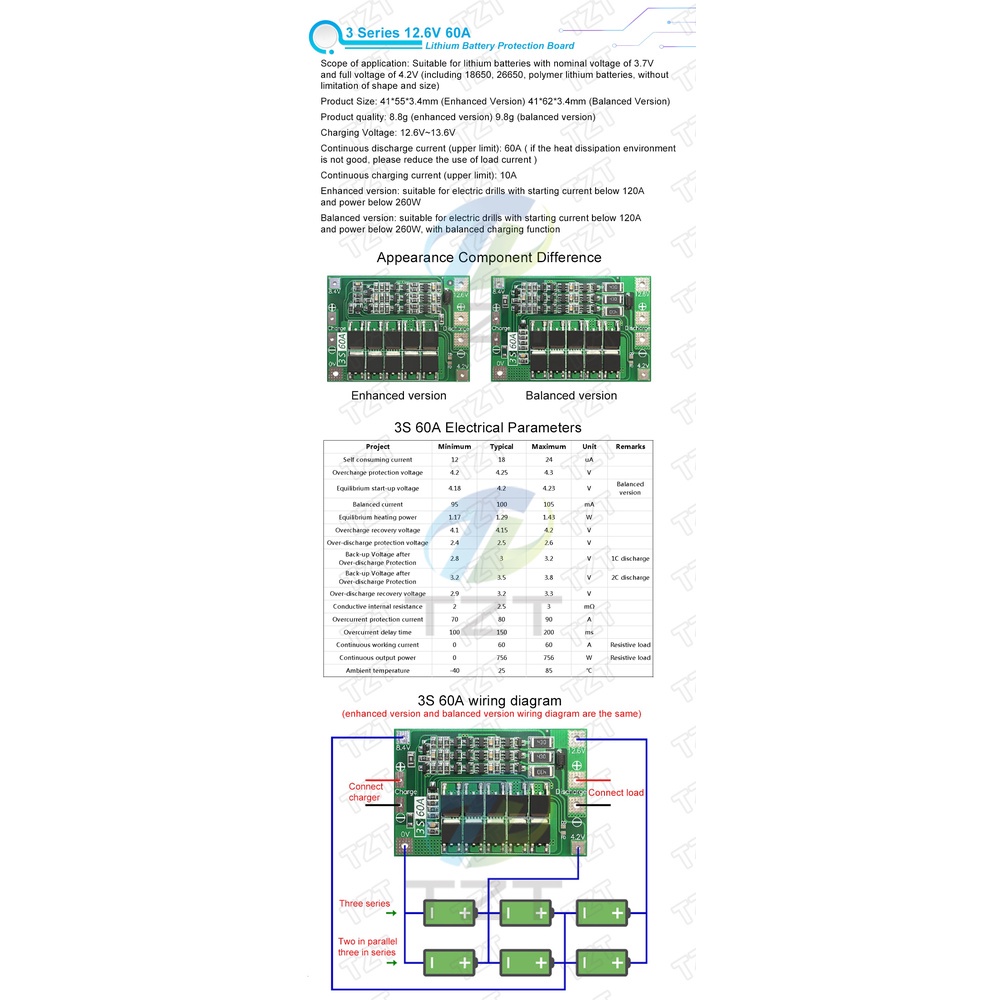 Bảng mạch cân bằng bảo vệ pin lithium 3S/4S 40A 60A 18650 BMS 11.1V 12.6V/14.8V16.8V BM02