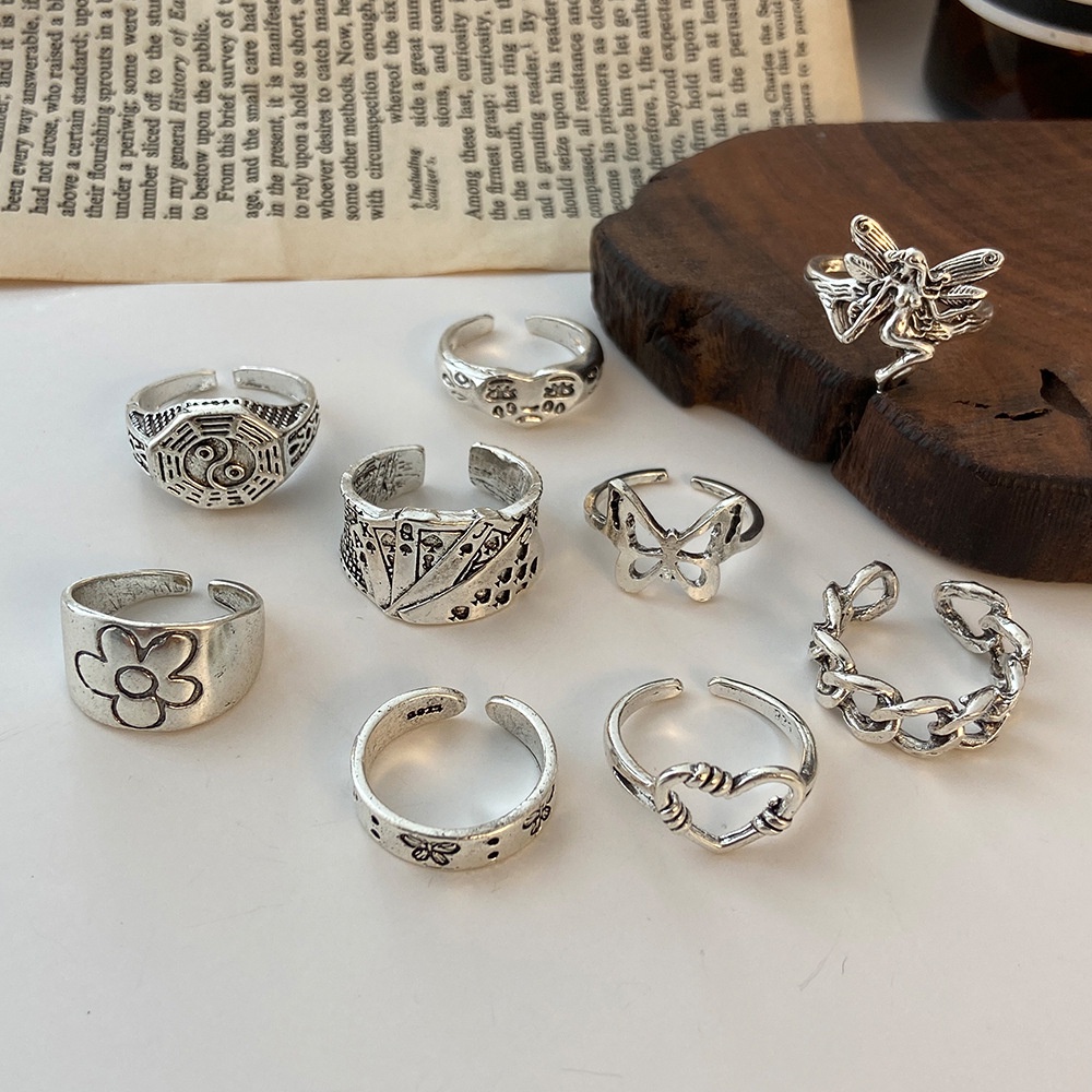 Set 9 Nhẫn Đeo Ngón Tay Kim Loại Đính Đá Phong Cách Retro Cho Nữ