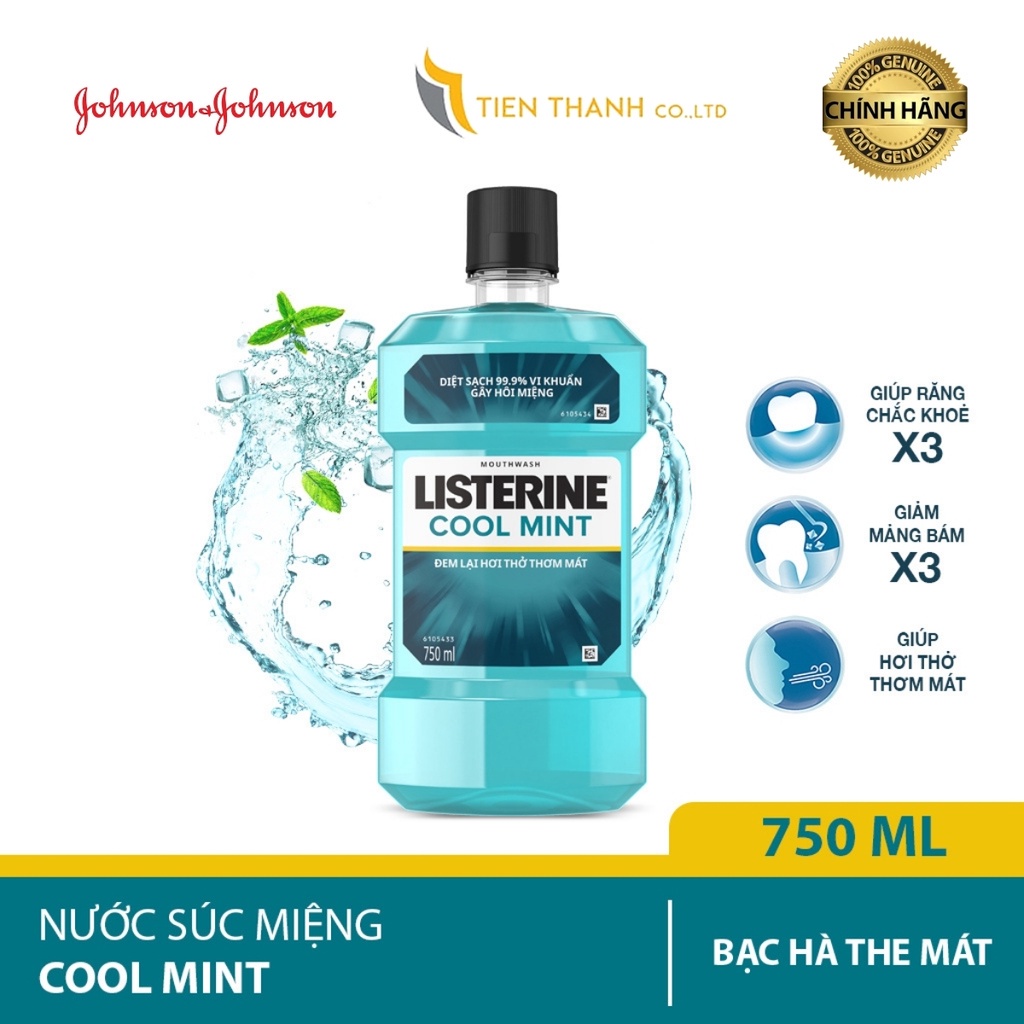 COMBO 2 Nước súc miệng Listerine Diệt khuẩn giữ hơi thở thơm mát Cool Mint 750mlx2 - Hàng chính hãng.