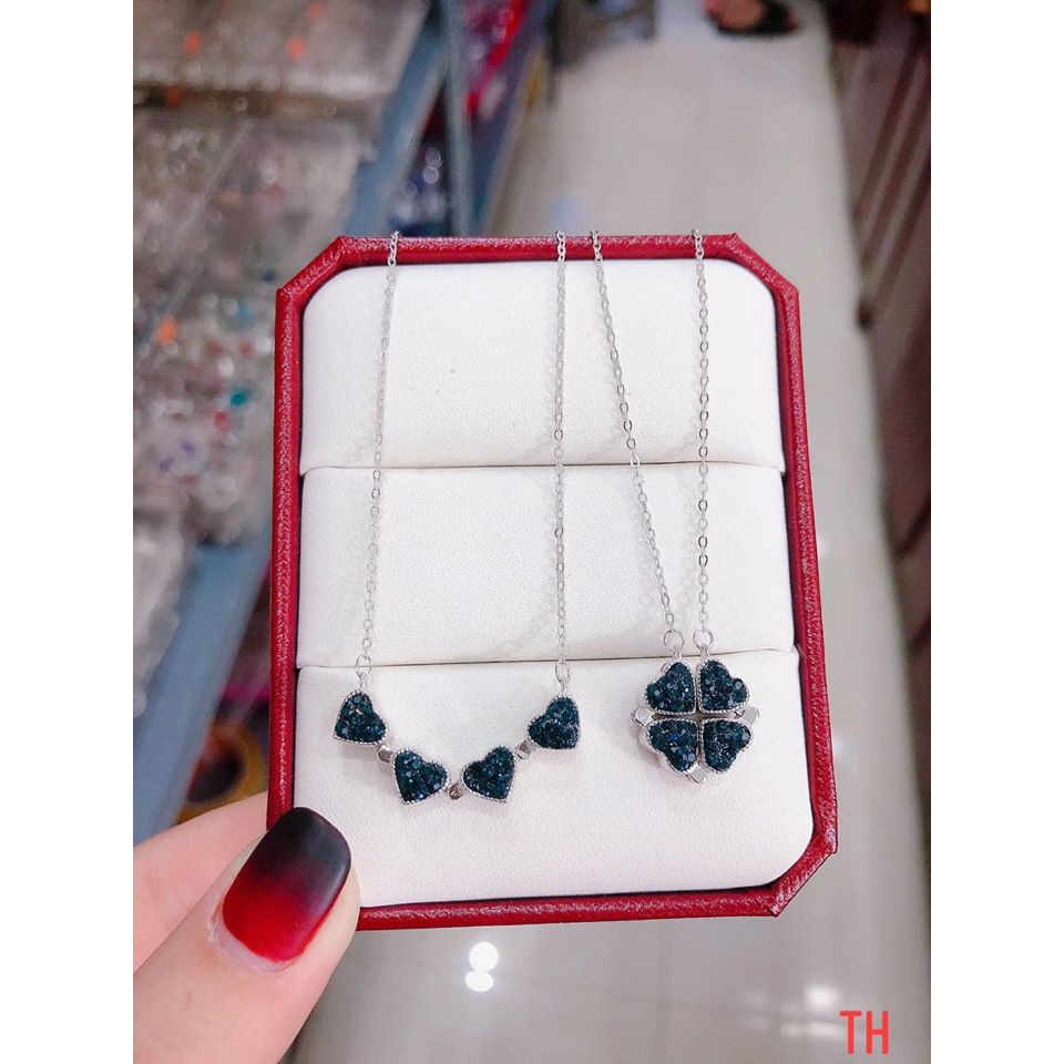 DÂY CHUYỀN BẠC CỎ 4 LÁ GHÉP TIM 2 MẶT NẠM ĐÁ (CÓ VIDEO KÈM THEO ) - BẠC BIBI