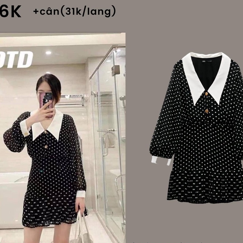 Váy chấm bi chiết eo dáng ngắn phong cách Âu Mỹ