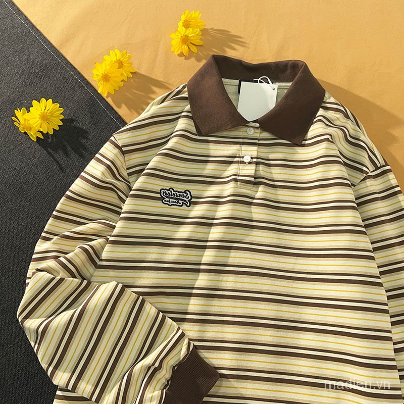 Áo Thun Polo Tay Dài Họa Tiết Kẻ Sọc Phong Cách Retro Hàn Quốc Mới 2021 Cho Nữ | BigBuy360 - bigbuy360.vn
