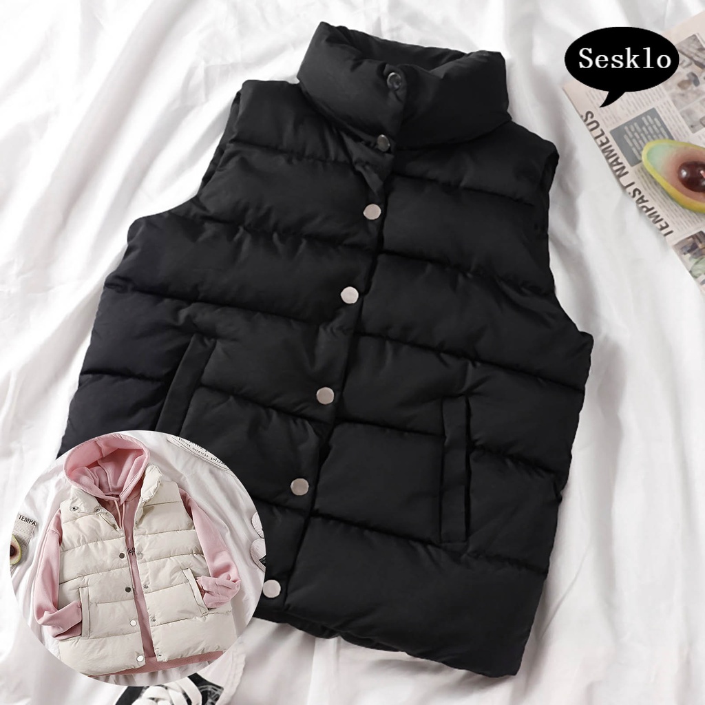 Áo khoác phao không tay phối túi và nút cài thời trang mùa thu và đông dành cho nữ | BigBuy360 - bigbuy360.vn