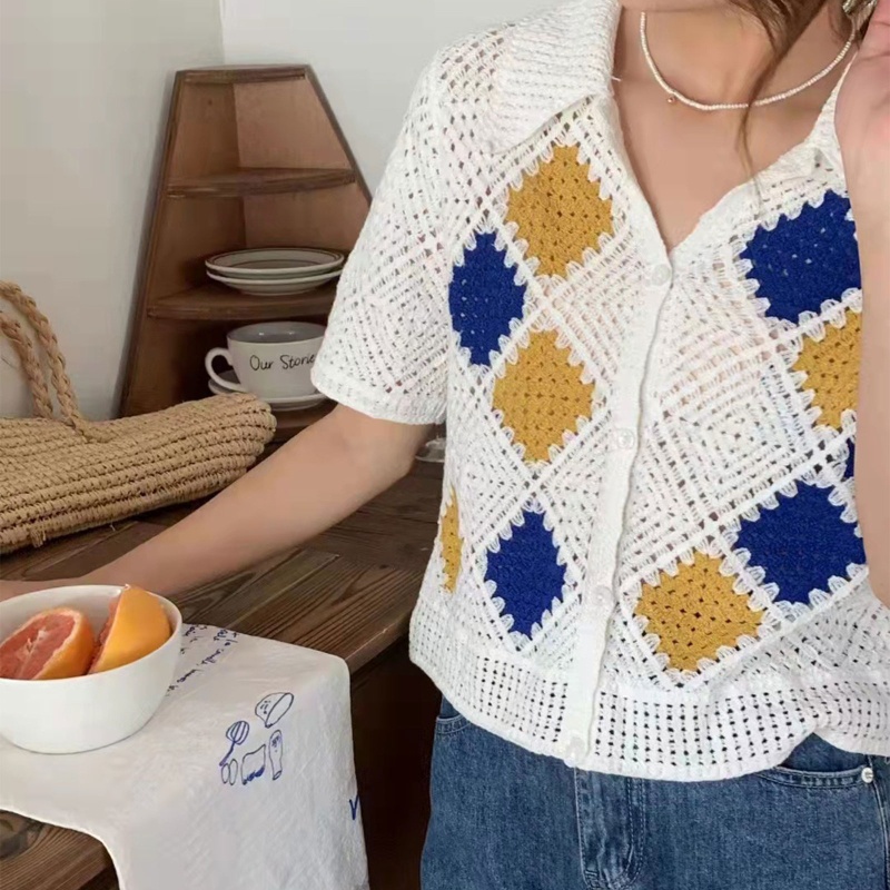 Brroa Áo Cardigan Dệt Kim Tay Ngắn Cổ Chữ V Cài Nút Màu Sắc Tương Phản Phong Cách Vintage Dành Cho Nữ