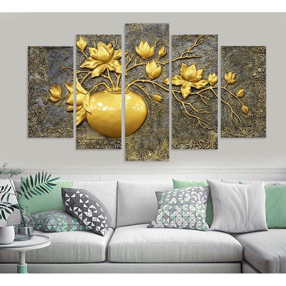 Tranh treo tường canvas lọ hoa phát tài decor trang trí phòng khách, phòng ngủ, cầu thang có khung cao cấp khổ lớn 5 bức