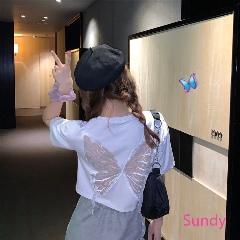 Áo Thun Ngắn Tay Dáng Rộng In Hình Bướm Thời Trang Dễ Thương