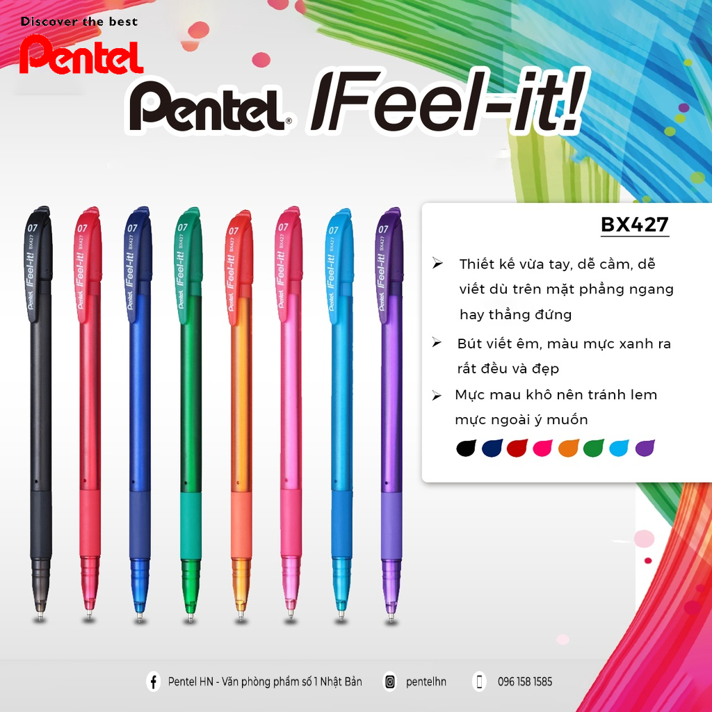 Bút Bi Pentel Nhật Bản Có Nắp Đậy BX427 | Trơn Mượt Không Đọng Mực | Ngòi 0.7mm 3 Màu Xanh/ Đỏ/ Đen | Nét Êm Không Tắc |