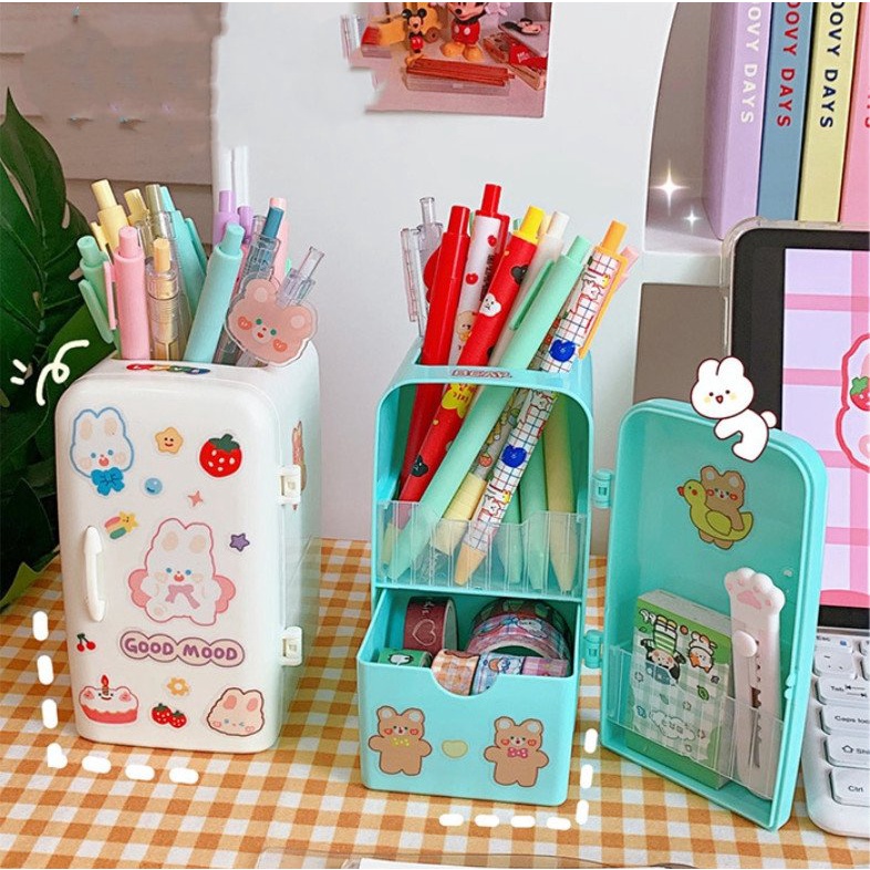 Khay hộp nhựa cắm bút, cọ trang điểm hình tủ lạnh mini để bàn văn phòng góc học tập phong cách Hàn Quốc xinh xắn