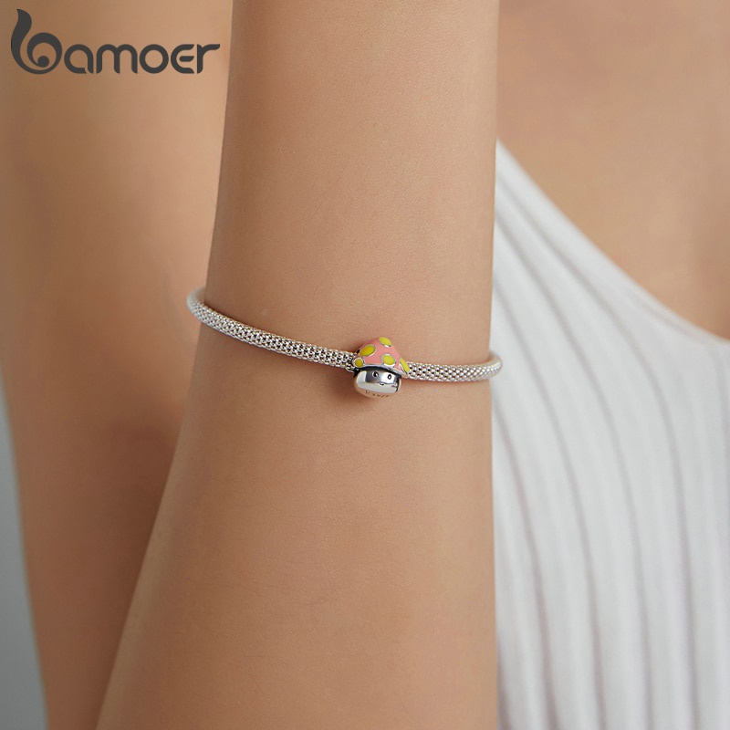 Phụ Kiện Hạt Bamoer SCC1853 Bằng Bạc S925 Thiết Kế Hình Nấm Nhỏ Tráng Men Nhiều Màu Làm Vòng Tay/Vòng Cổ DIY