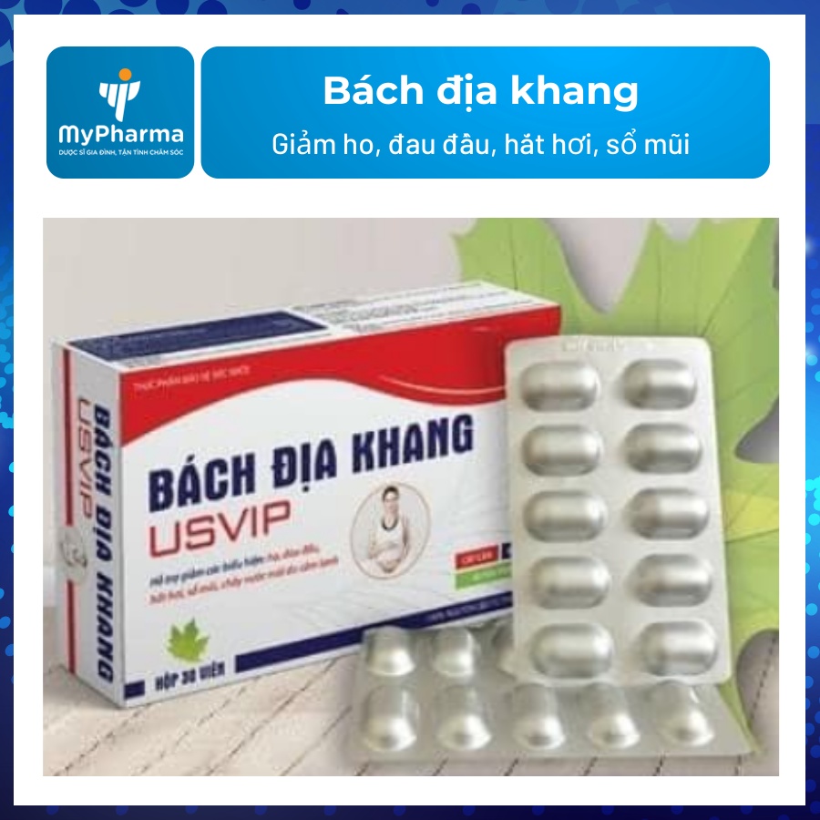 Bách địa khang Xuyên Tâm Liên – Giảm ho, đau đầu, hắt hơi, sổ mũi, cảm sốt phù hợp Phụ nữ có thai và cho con bú. Hộp 30v