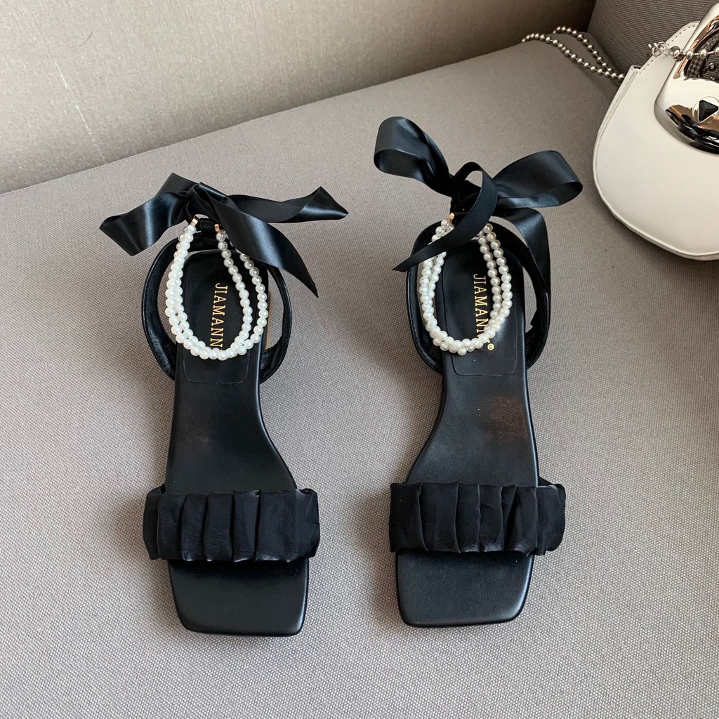 Giày Xăng Đan Cao Gót Nữ XALI Nhúng Ren Cột Nơ Quai Dây Ngọc Đế Vuông 6cm Thắt Nơ Lua Sau Gót Xinh Công Chúa-CGTN1