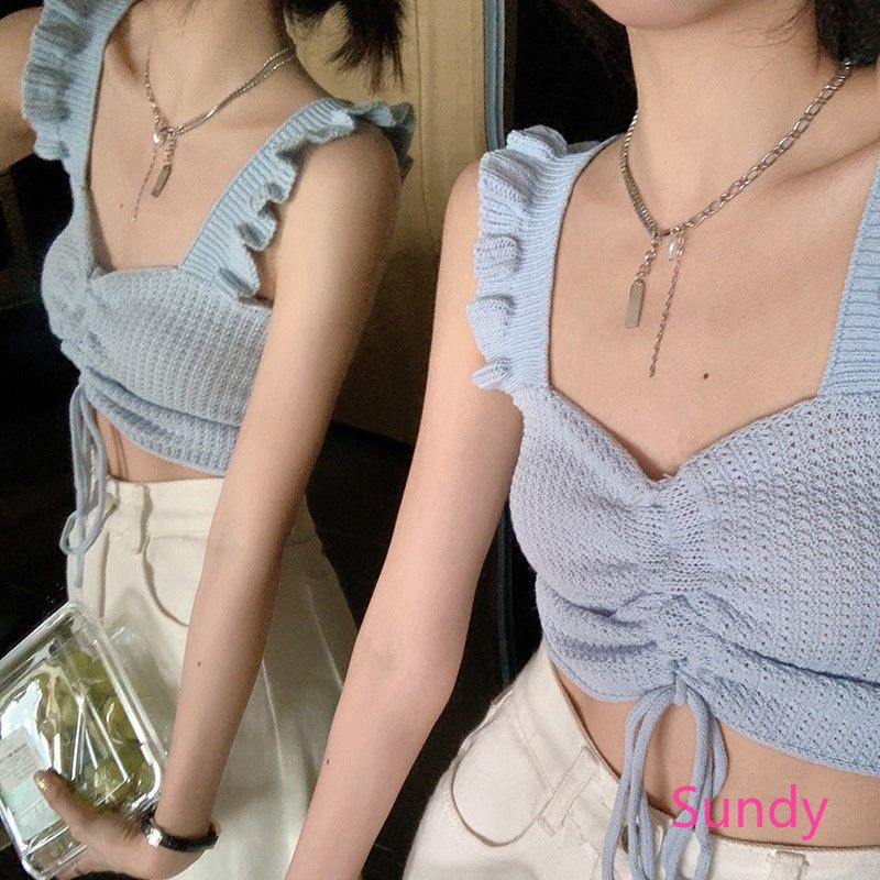 Áo Hai Dây Dệt Kim Kiểu Pháp Ngọt Ngào Thời Trang Mùa Hè Cho Nữ