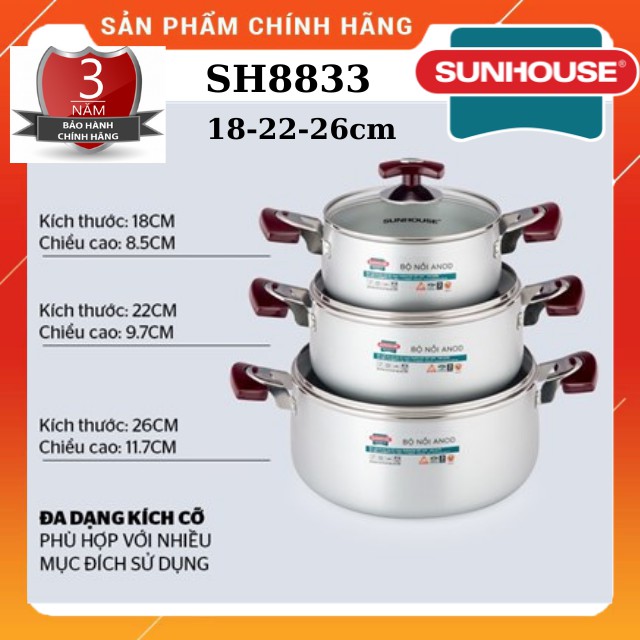 Bộ Nồi Nhôm Anod SUNHOUSE- SH- 8833 - Bảo Hành 5 Năm -Hàng Chính Hãng