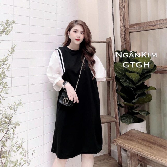 Váy suông tay lỡ phối bo viền chất đũi dáng tiểu thư