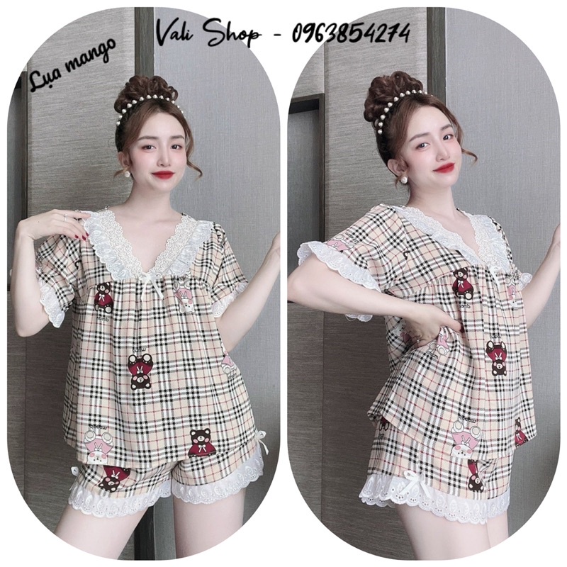 Đồ ngủ mặc nhà lụa mango hoạ tiết phối ren freesize 42-60kg