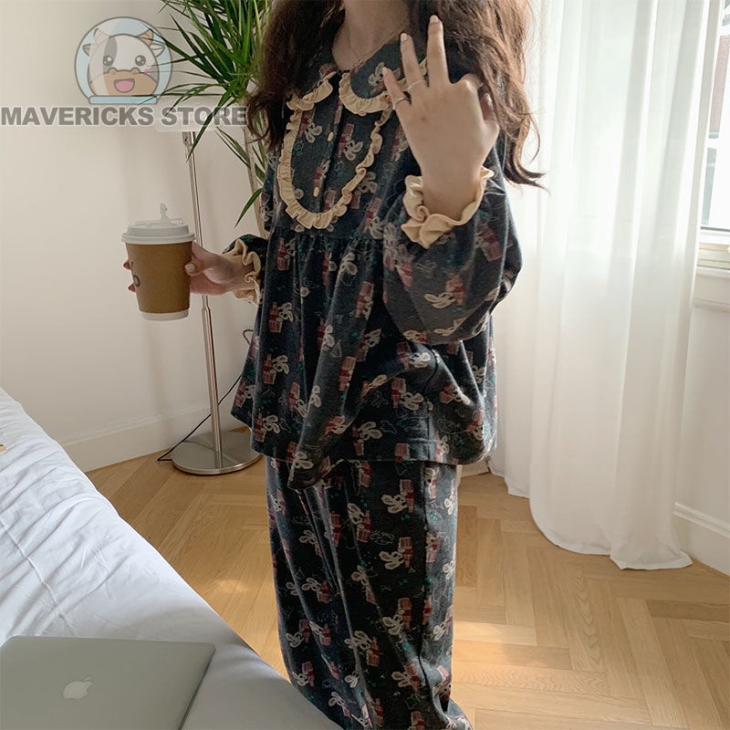Bộ Đồ Ngủ Pijama Tay Dài In Hình Thỏ Hồng Phong Cách Nhật Bản Mới Cho Nữ