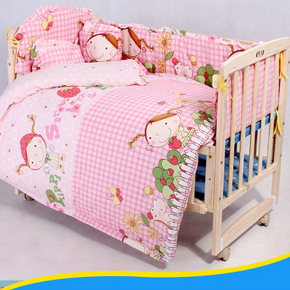 Bộ 5 Món Gồm Viền Quanh Cũi Gối Và Nệm Vải Cotton Cho Giường Bé 58x100