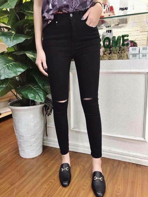 Quần jean nữ skinny cao cấp phối rách gối cá tính - Mẫu mới